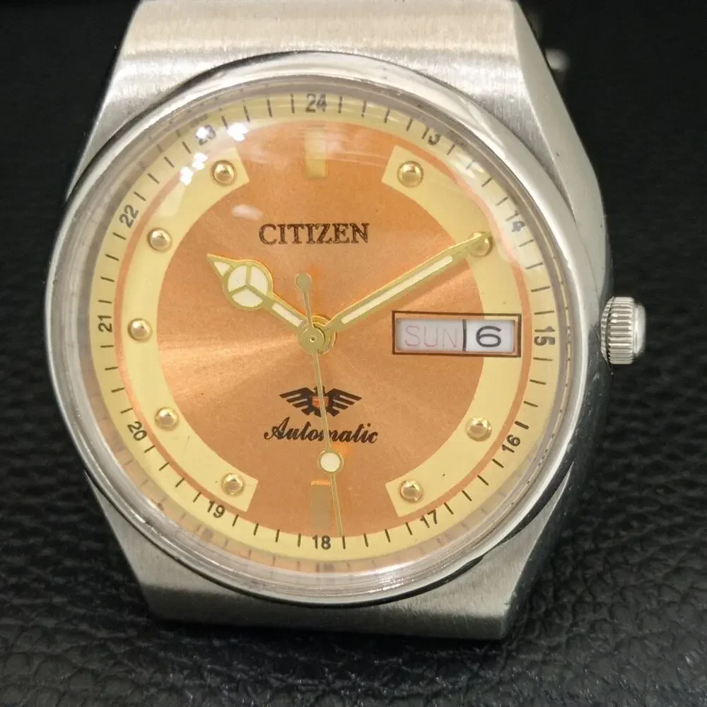 Vintage 1978 Citizen Automatic Mens Silver Watch W/daydate & Brown accents